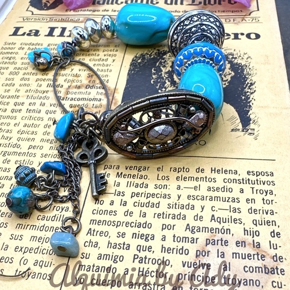 Turquoise and brass maximalist chunky cowgirl cuff adjustable bracelet/Western - Picture 2 of 10